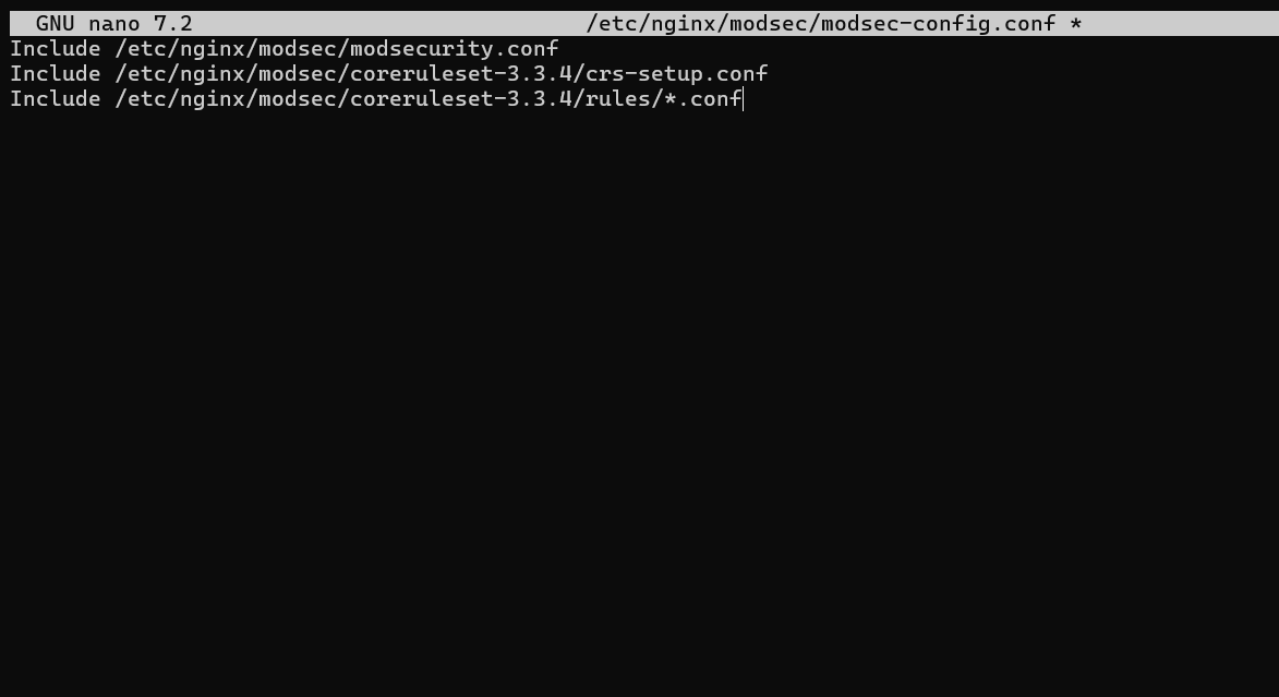 Adding CRS rules into the modsec configuration file when setting up Nginx with Modsecurity 3 and OWASP CRS on Debian 12