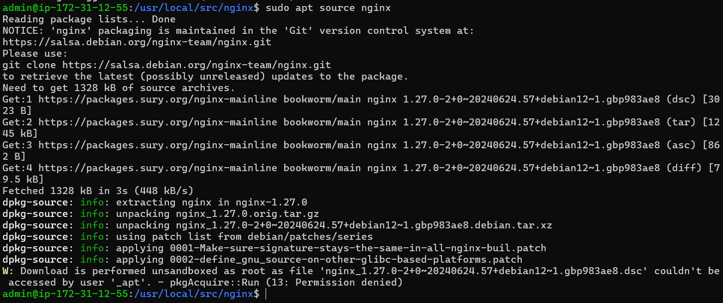 Error message that can be ignored when downloading Nginx source for Modsecurity 3 installation on Debian 12