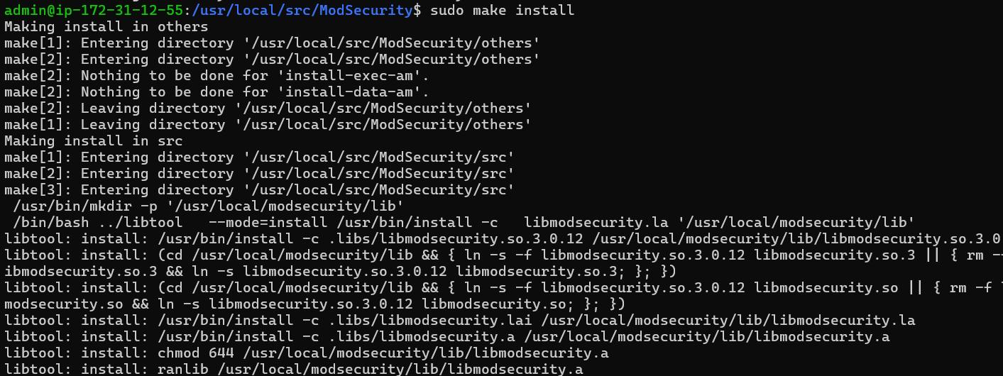 Using the ‘make install’ command to build the Nginx connector for Modsecurity 3 on Debian 12