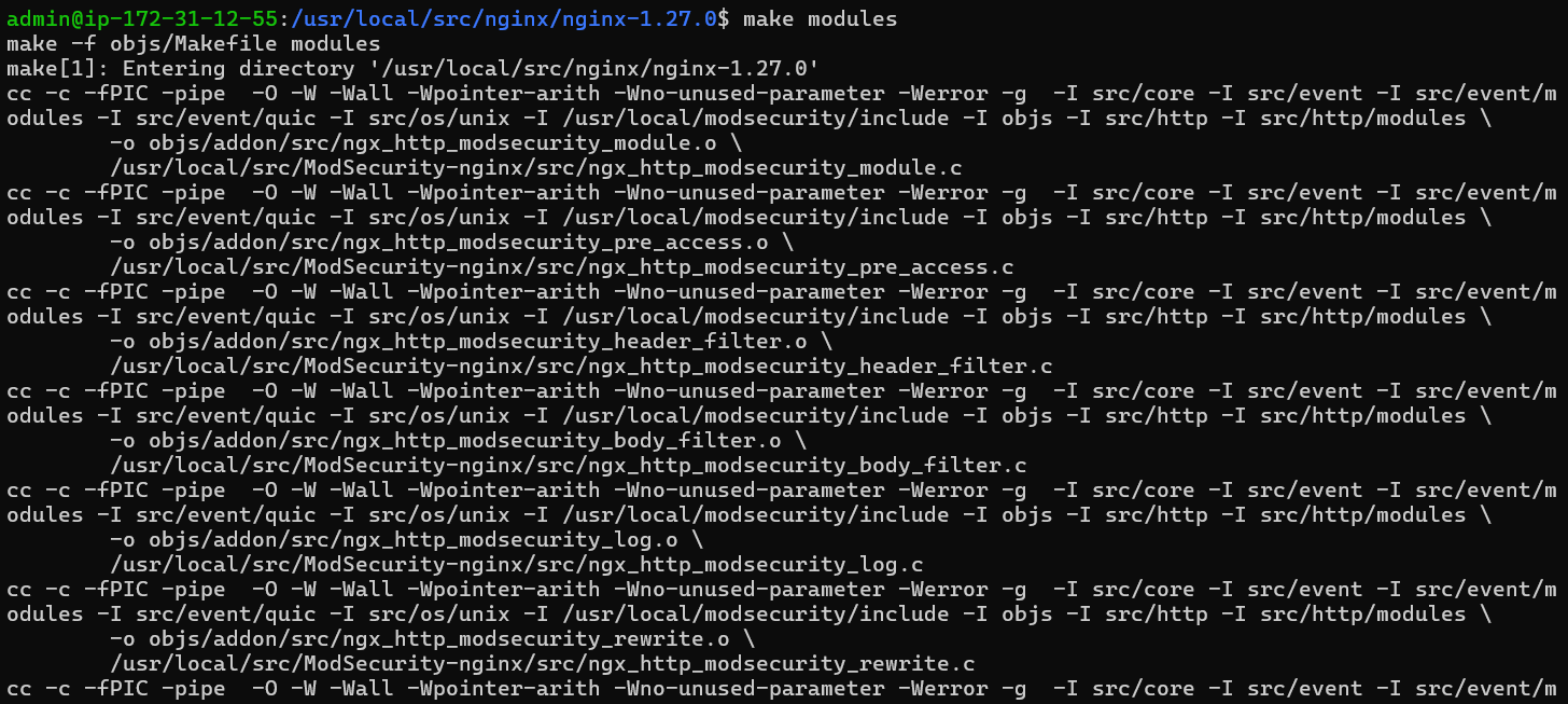 The ‘make modules’ output during the build process for Modsecurity 3 and Nginx on Debian 12