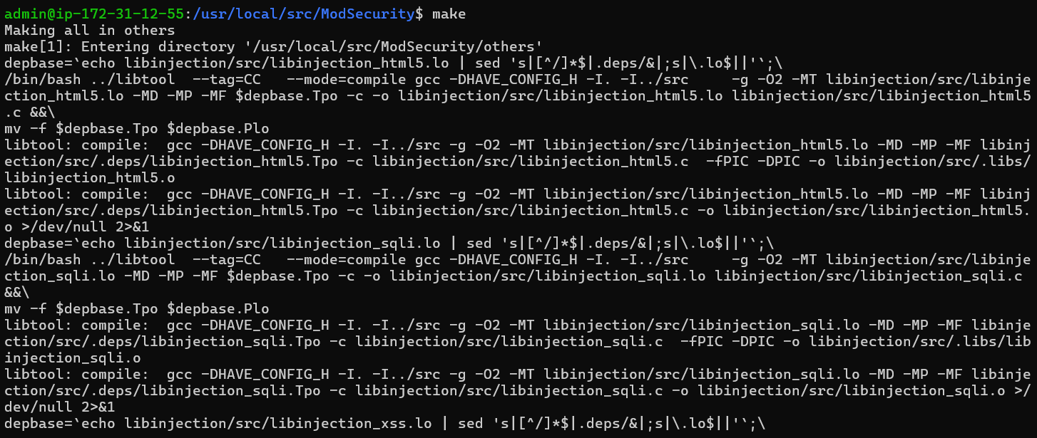 Showing the output of the ‘make’ command during the build process for Modsecurity and Nginx connector on Debian 12