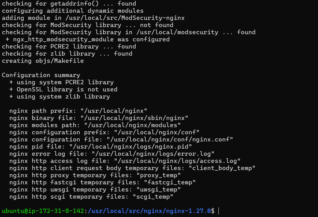 Terminal output displaying dynamic module link creation for Modsecurity-Nginx on Ubuntu 22.04