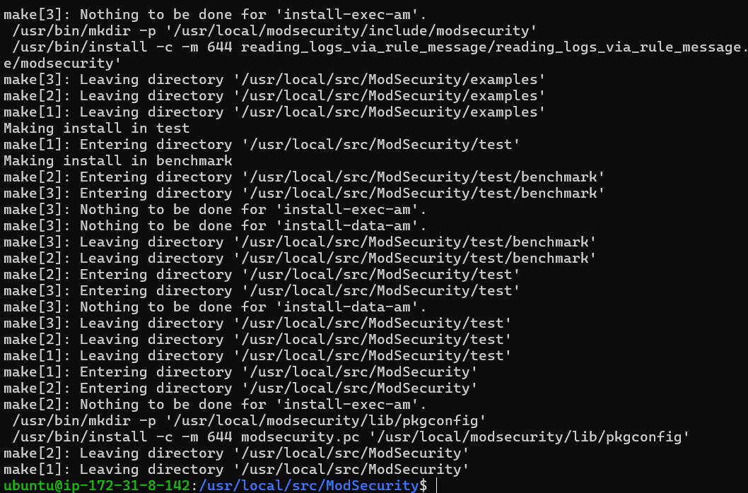 Terminal output for the ‘sudo make install’ command during Modsecurity 3 and Nginx installation on Ubuntu 22.04 