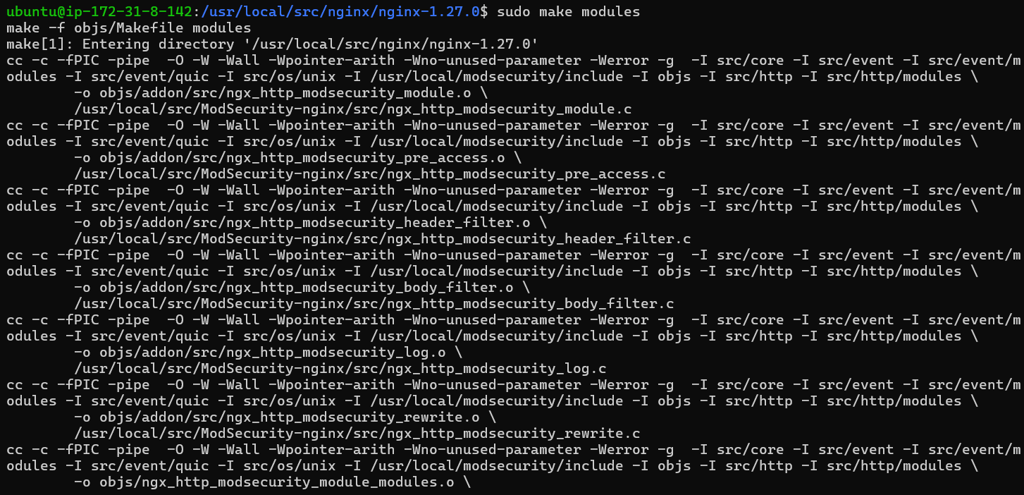 Terminal output for 'make modules' command with Modsecurity Nginx Connector on Ubuntu 22.04.