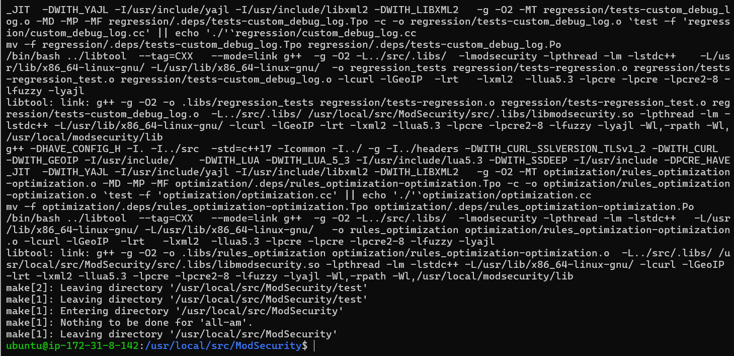 Terminal output for the ‘make’ command during Modsecurity 3 and Nginx installation on Ubuntu 22.04