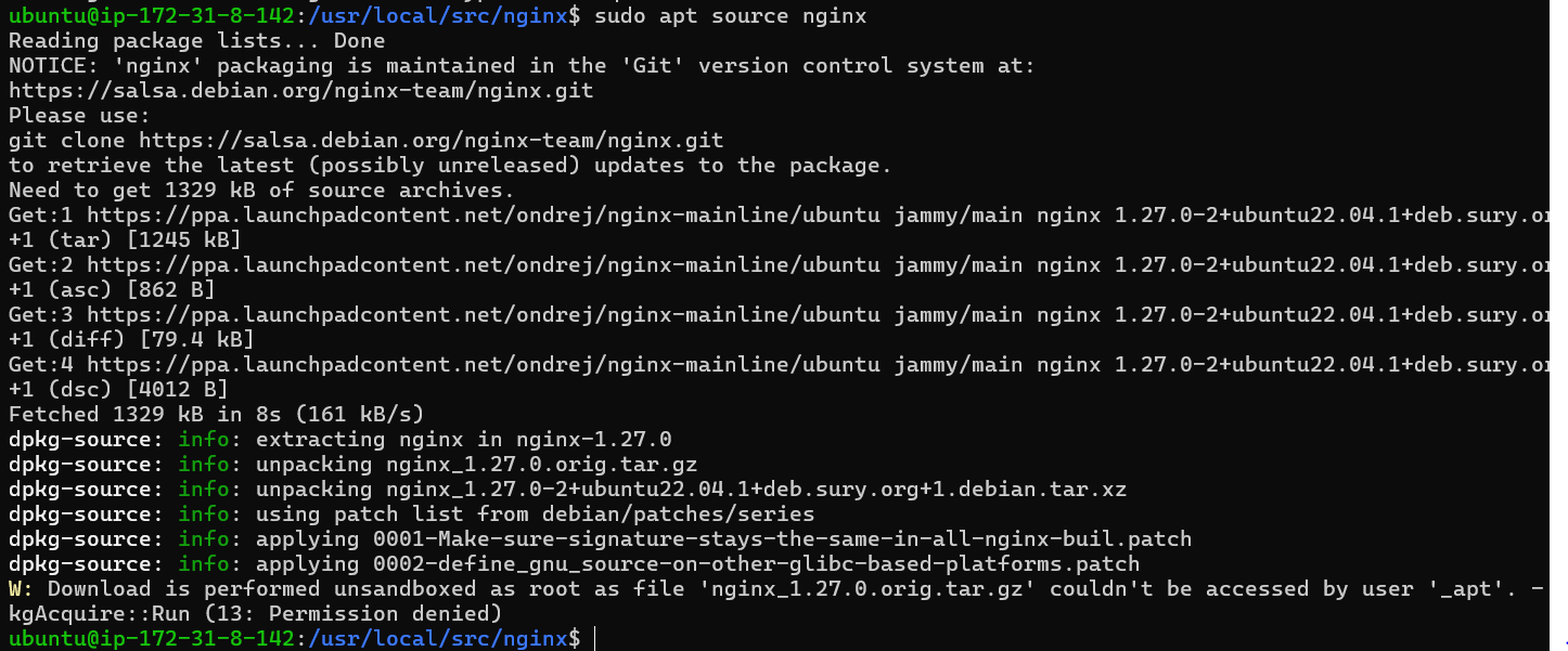 A visual guide on downloading the Nginx source for Modsecurity 3 installation on Ubuntu 22.04 