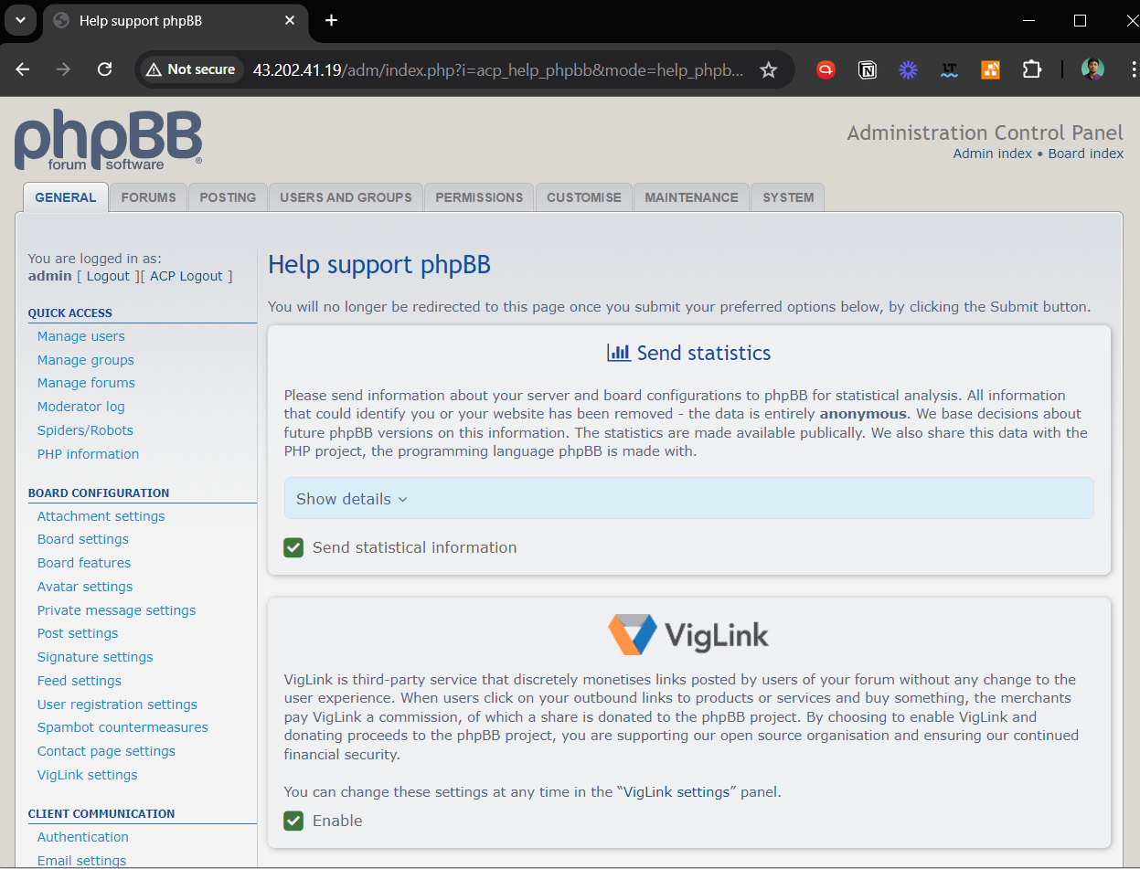 First-time visit to the ACP control panel after phpBB installation on Debian.