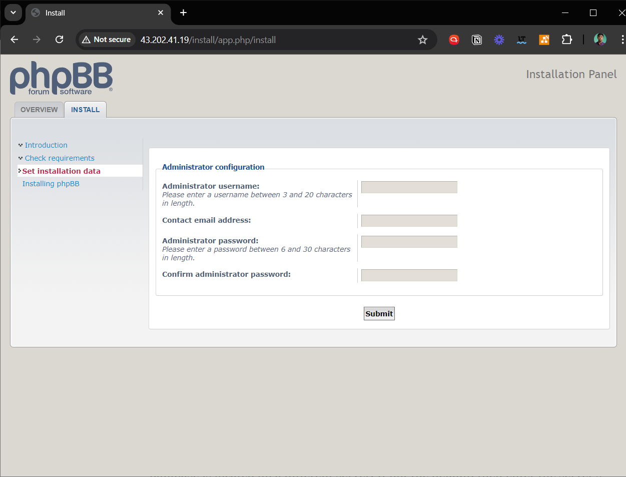 Step 3 of phpBB web UI installation on Debian showcasing admin account setup.