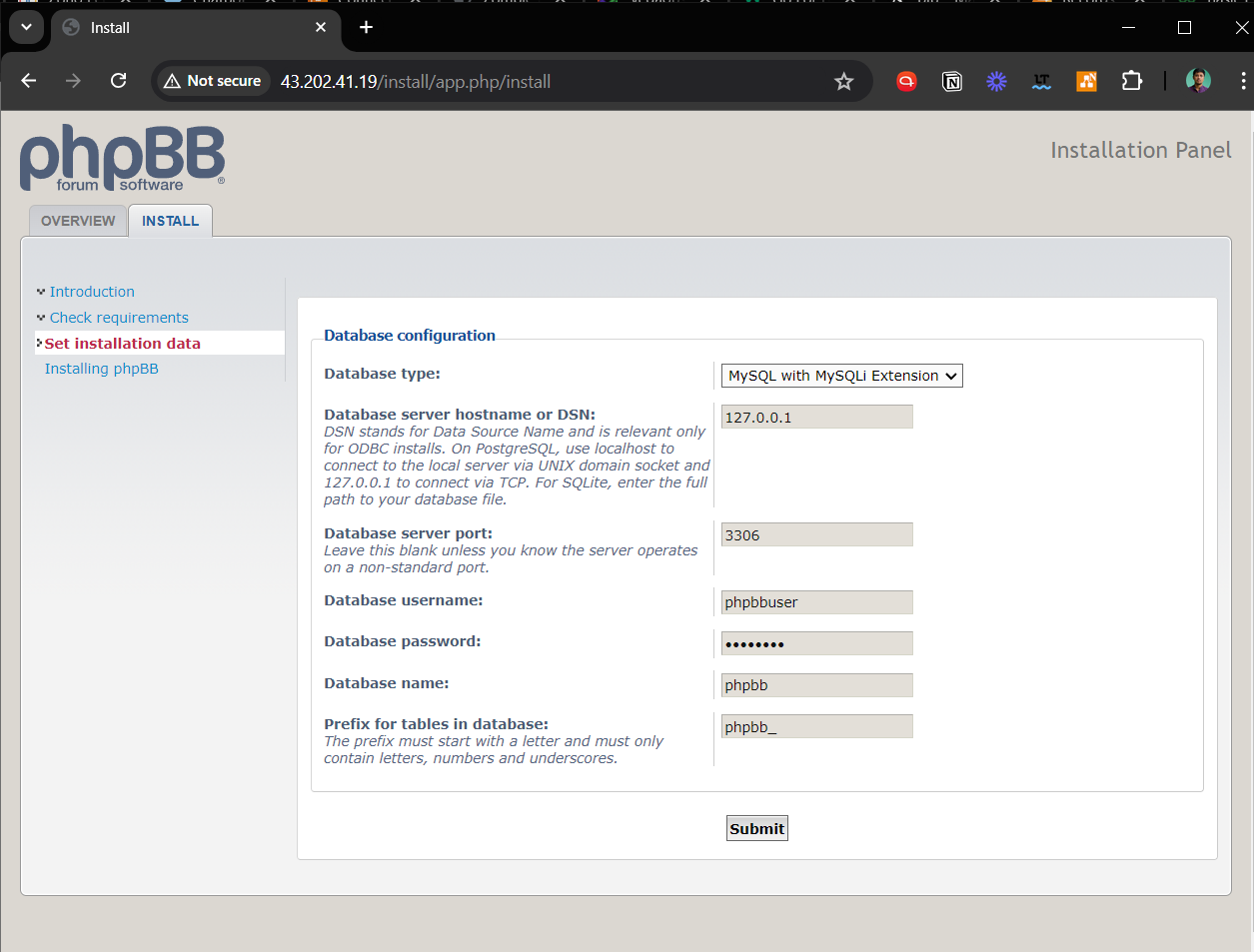 Step 4 of phpBB web UI installation on Debian highlighting MySQL user details entry.