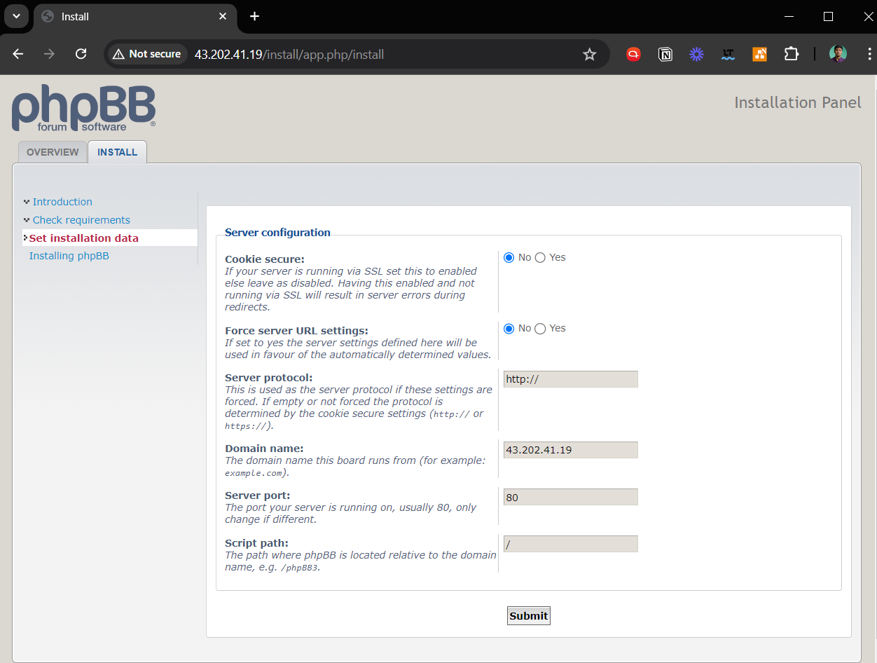 Step 6 of phpBB web UI installation on Debian showing HTTPS/HTTP settings and URI options.