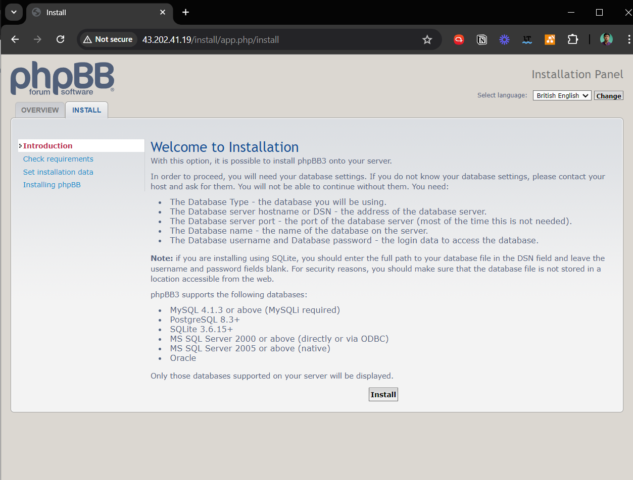 Step 2 of phpBB web UI installation on Debian highlighting the install button.