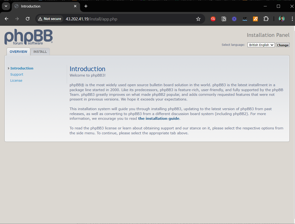 Introduction step of phpBB web UI installation on Debian.