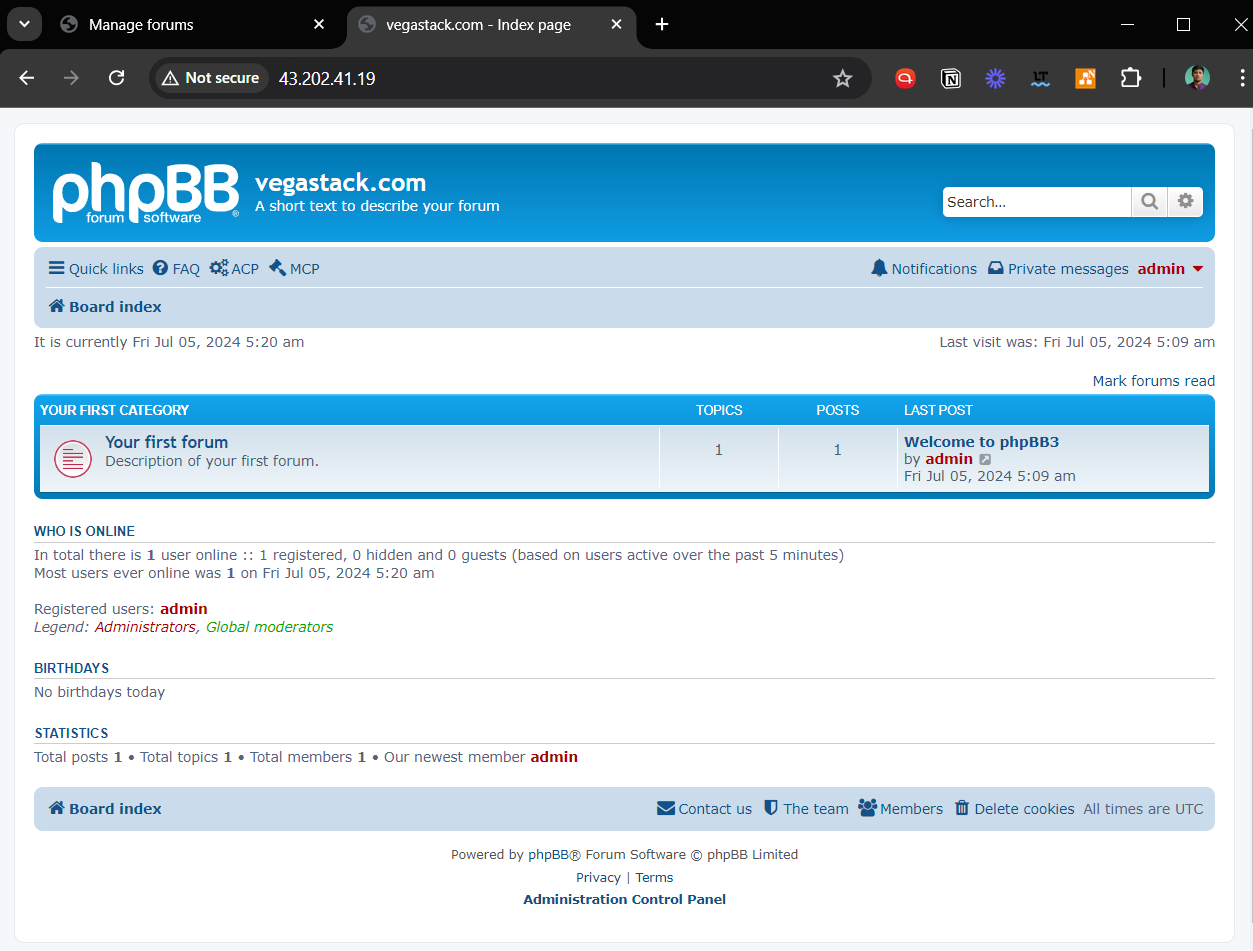 Fully installed phpBB forums on Debian Linux server.