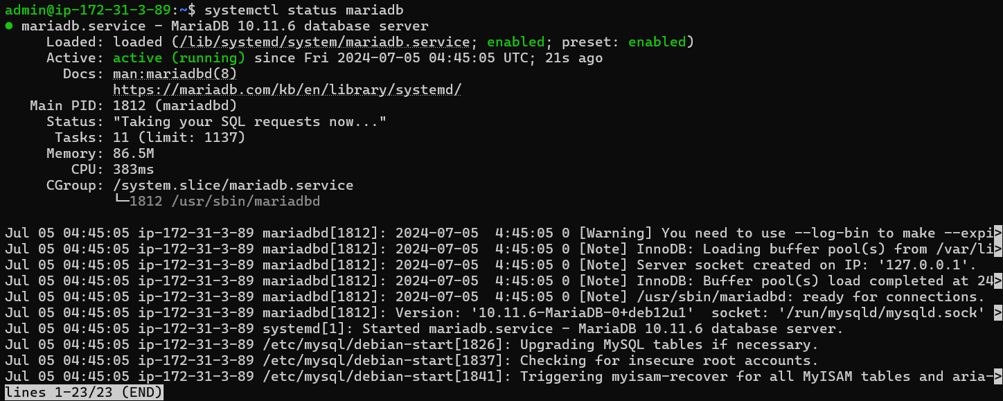 Screenshot of MariaDB systemctl status for phpBB installation on Debian.