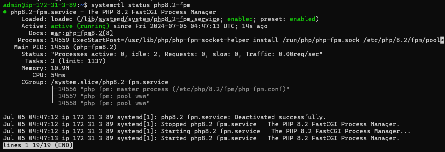 Screenshot of php-fpm systemctl status during phpBB Debian installation.