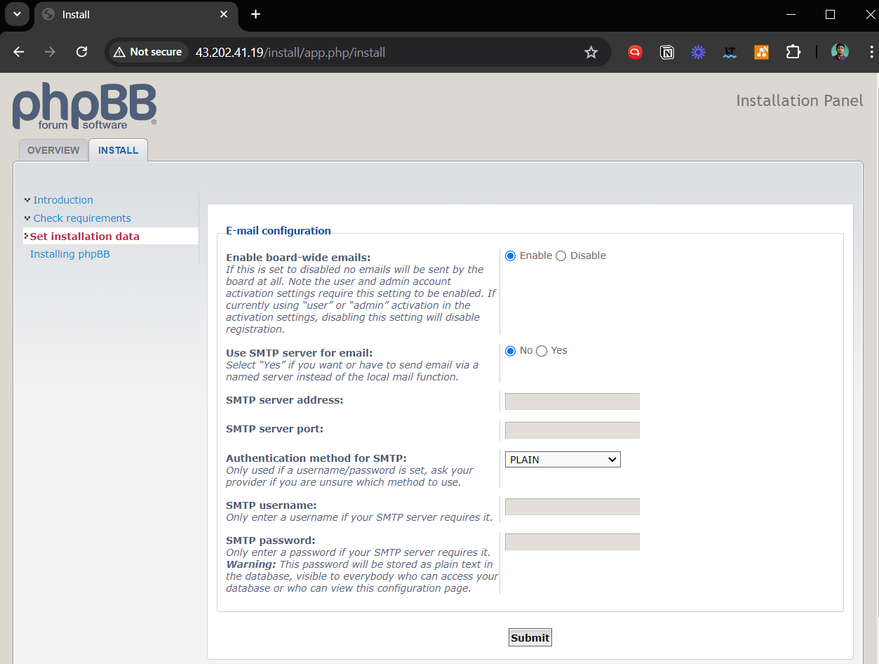 Step 7 of phpBB web UI installation on Debian focusing on SMTP mail setup.