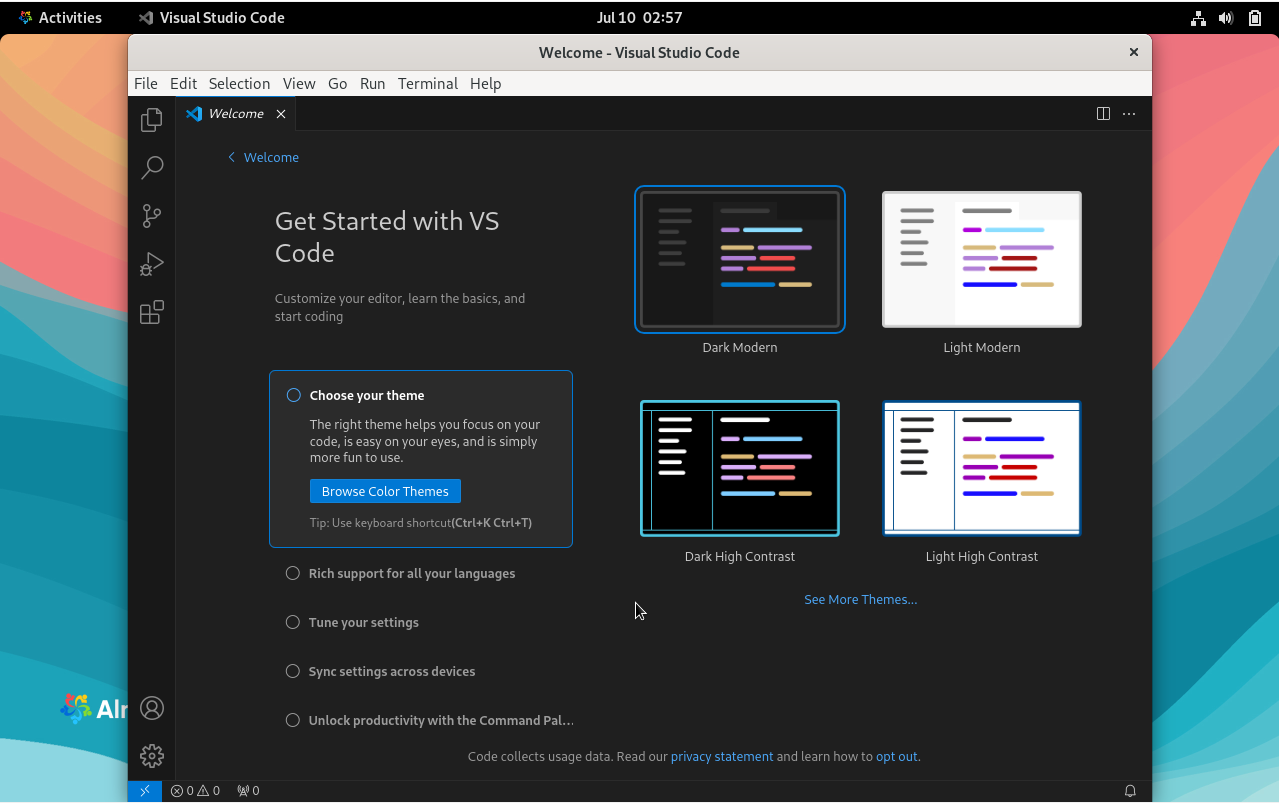 A glimpse into the user interface of Visual Studio Code running on an AlmaLinux desktop.