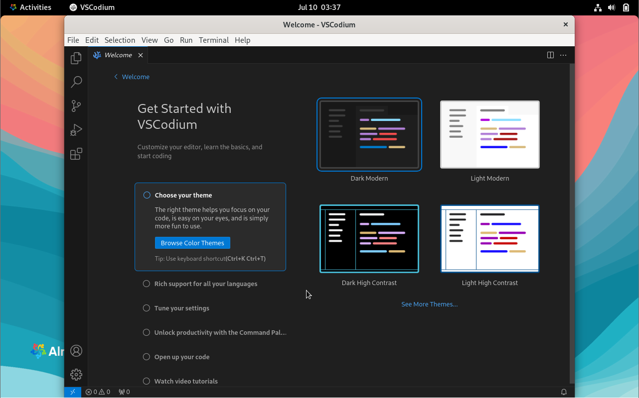 VSCodium open and ready for use on AlmaLinux desktop