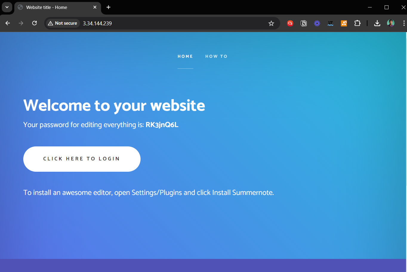 Screenshot showcasing the welcome page of a site set up using WonderCMS, Nginx, and Debian Linux.