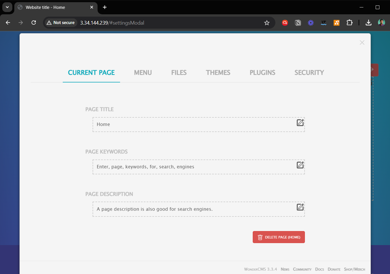 Screenshot of first-time user login interface for WonderCMS on Debian Linux with Nginx.